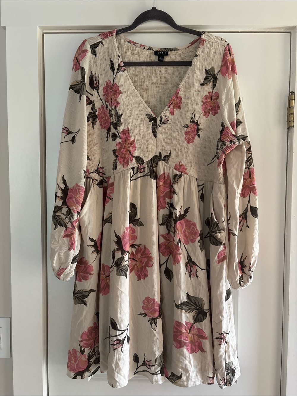 torrid Cream Floral V-Neck Babydoll Dress with Pink Blooms